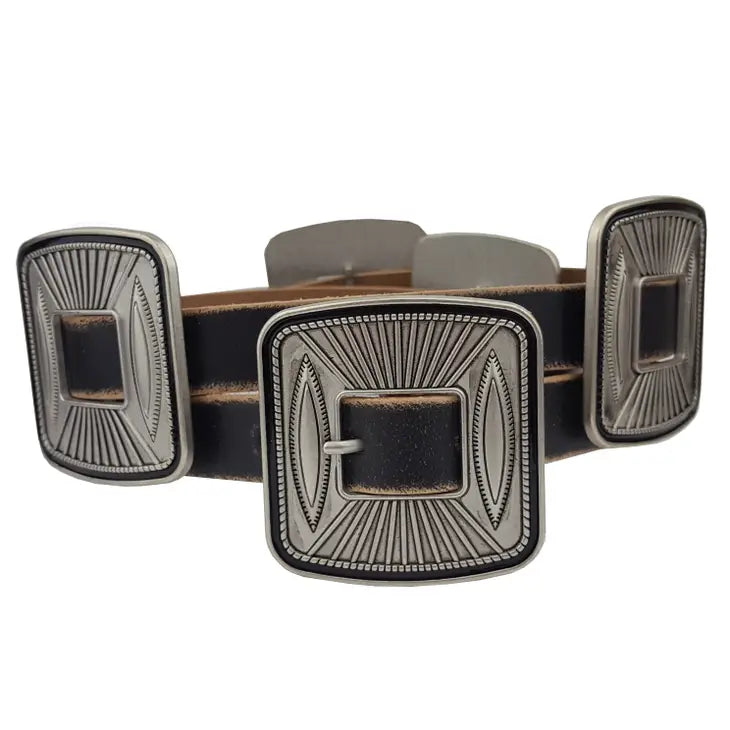 Men's Square Concho Studded Tooled Leather Belt
