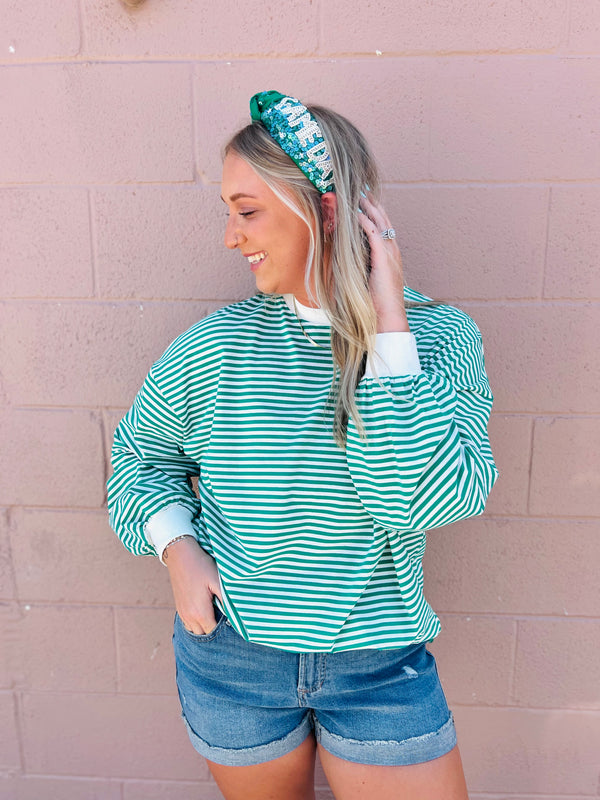 Oversized Striped Long Sleeve Top- Kelly Green