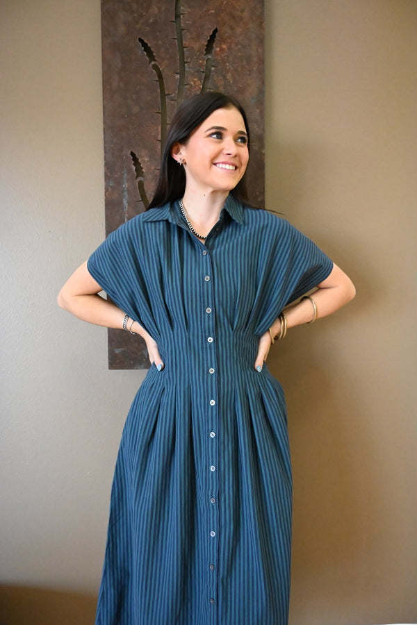 Dear John- Plisse Teal Stripe Dress