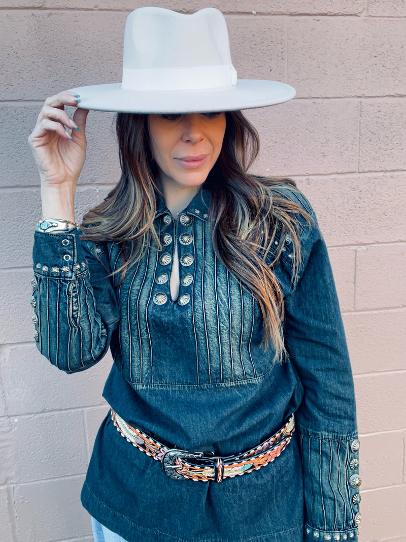 Charlie Denim Tunic Style Top with Concho Detail