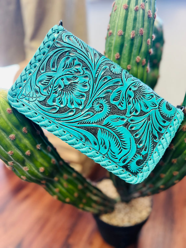 Hang On Sister Tooled Clutch- Turquoise