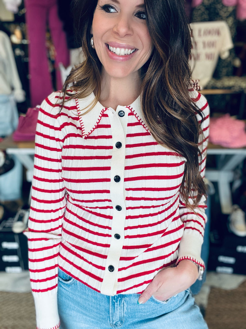 The Laurel Red Stripe Fitted Cardigan Top