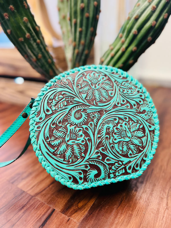 Rope It Round Tooled Crossbody- Turquoise