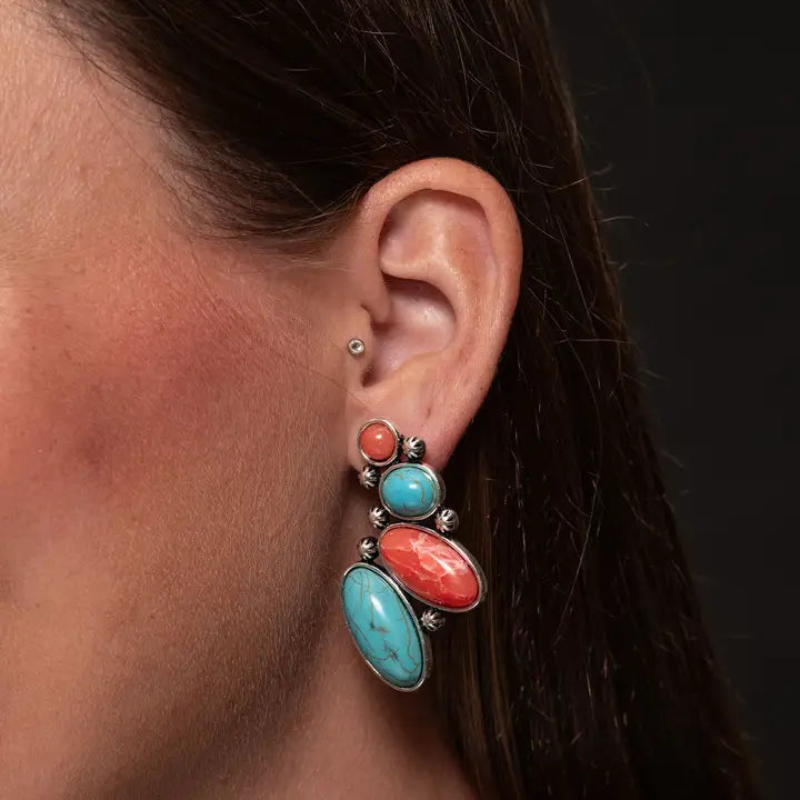 West & Co. 2" Turquoise/Coral Descending Post Earrings