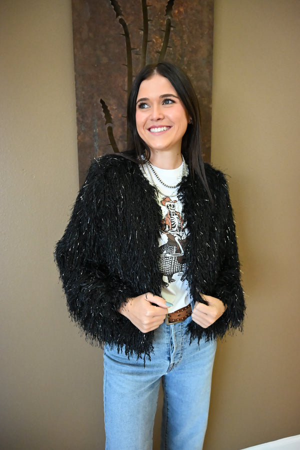 Another Love- Rosalinda Black Feather Fringe Cardigan