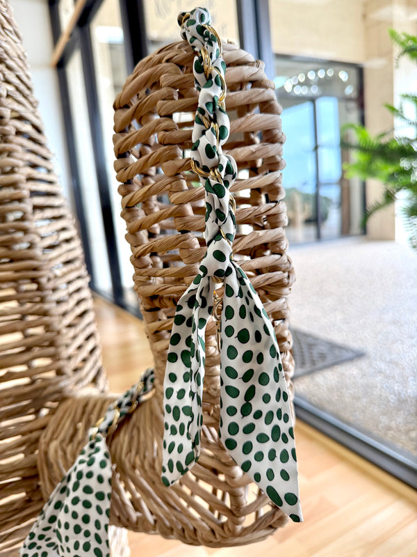 Short Phone Chain Scarf- Green/Wht Polka Dot