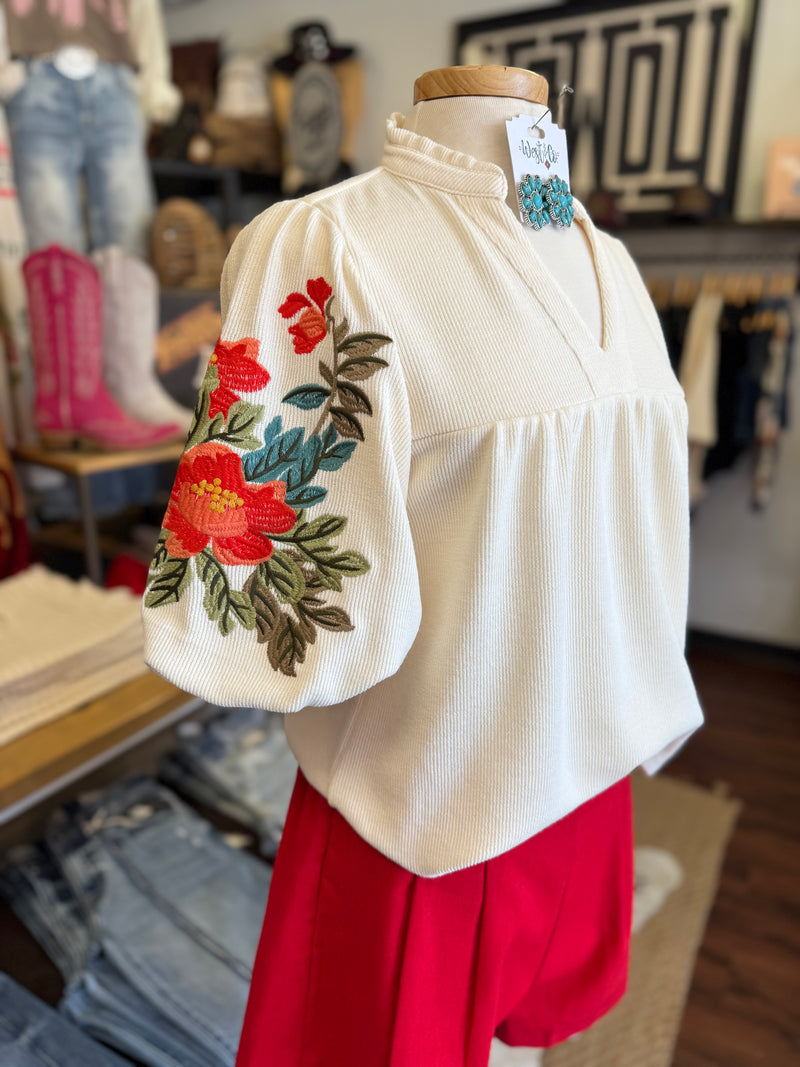Cisco Cream Embroidered Sleeve Top