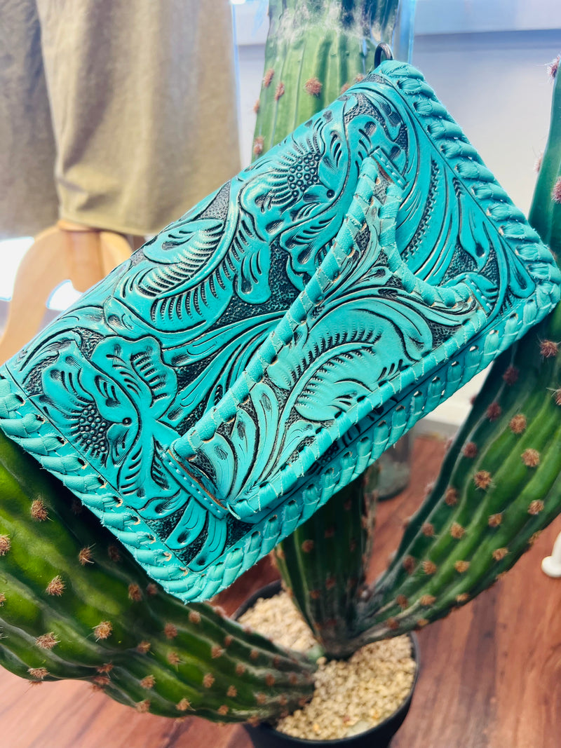 Hang On Sister Tooled Clutch- Turquoise