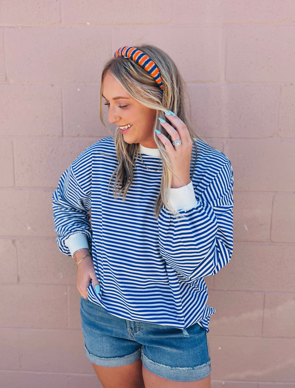 Oversized Striped Long Sleeve Top- Royal Blue