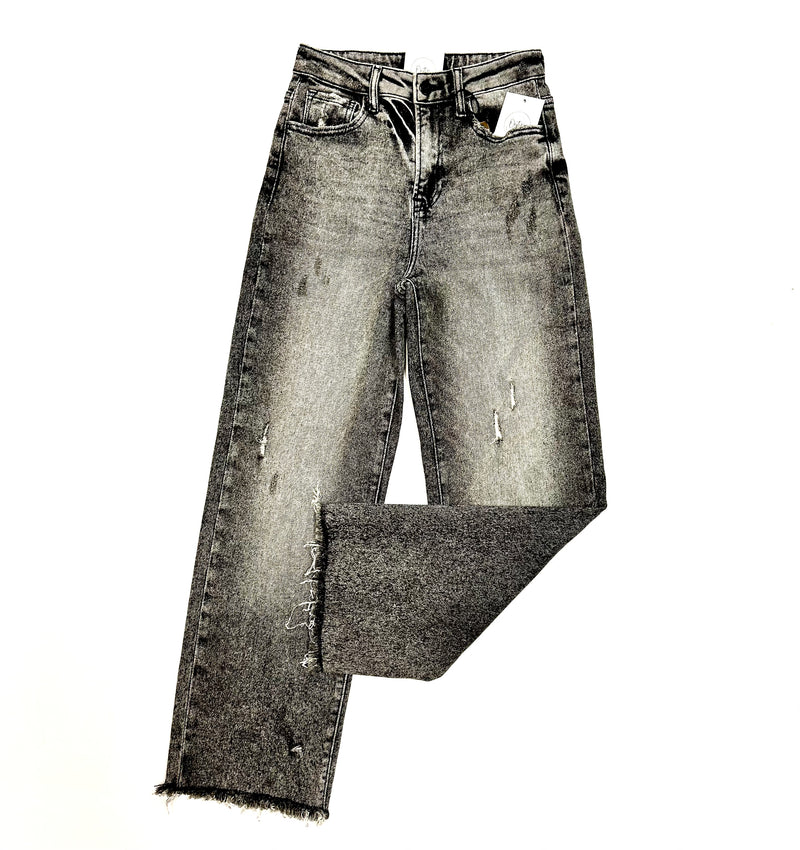 Risen- Acid Washed Black Denim Straight Jeans