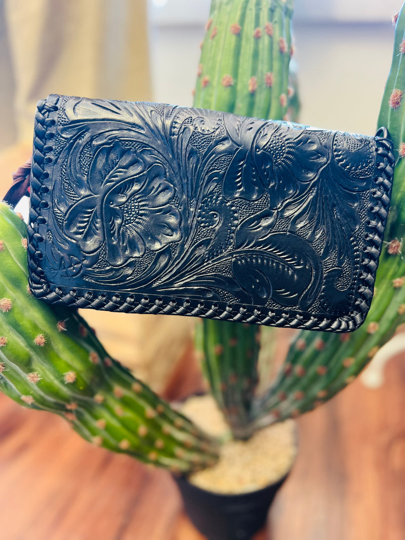 Hang On Sister Tooled Clutch- Black