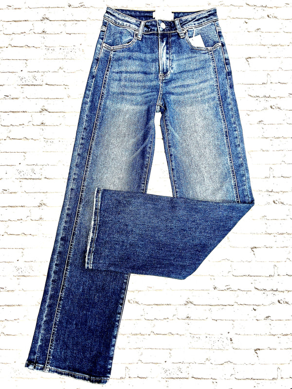 Risen- Mid Rise Dark Wash Straight Jeans w/Hem Detail