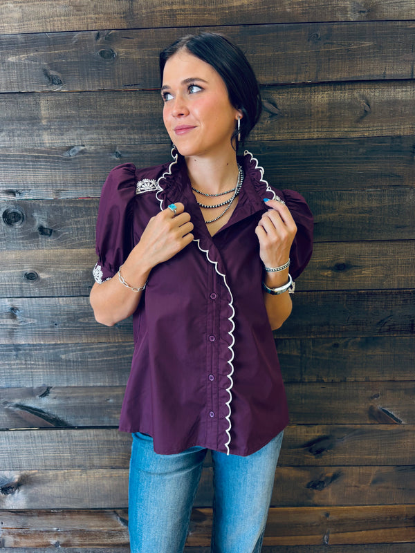 Navasota Wine Embroidered Top