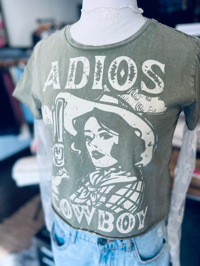 Adios Cowboy Olive Cropped Tee