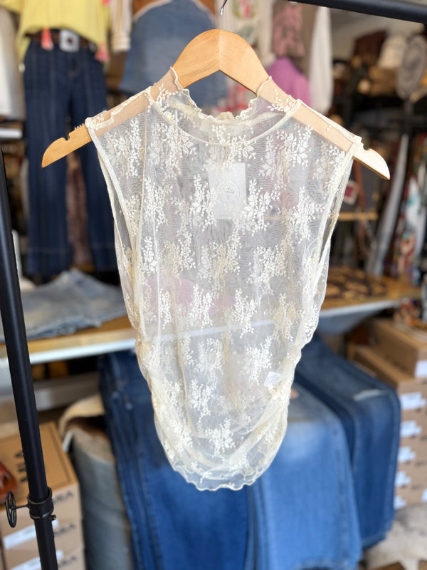 Sleeveless Lace Mesh Top- Ivory