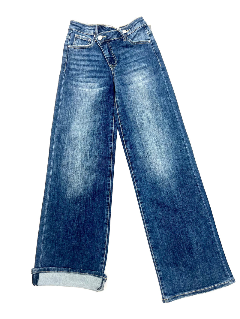 Risen- Mid Rise Crossover Wide Leg Jeans