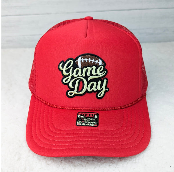 Game Day Red Trucker Hat w/white Chenille Patch