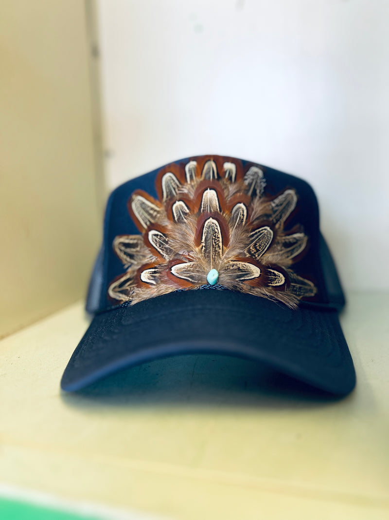 Feather Trucker Hat Western Cowgirl Navy