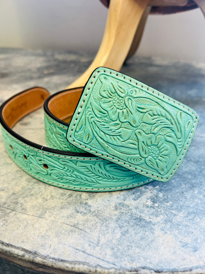 AD-Turquoise Tooled Leather Belt w/Buckle