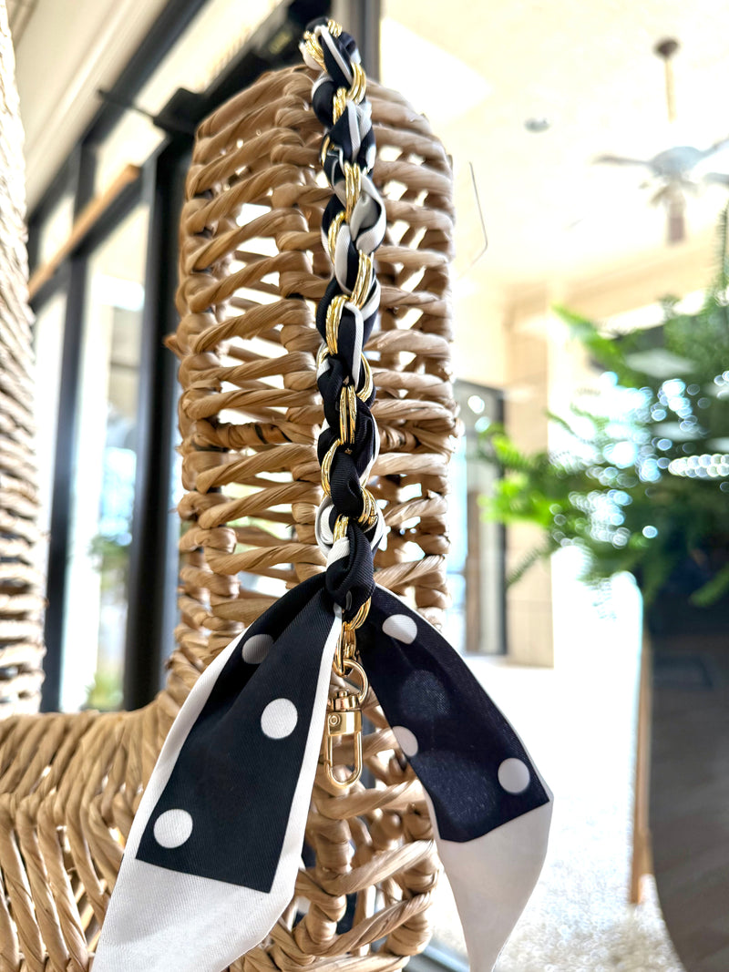 Short Phone Chain Scarf- Blk/Wht Polka Dot