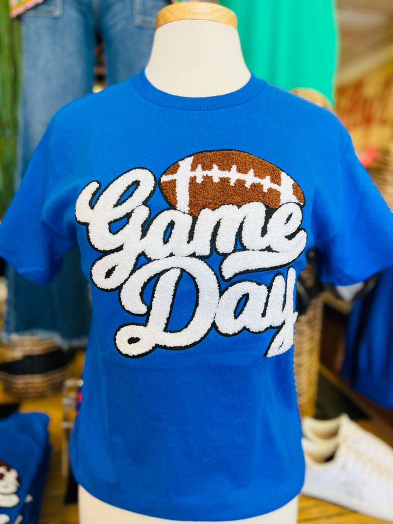 Game Day Blue Tee w/White Chenille Patch