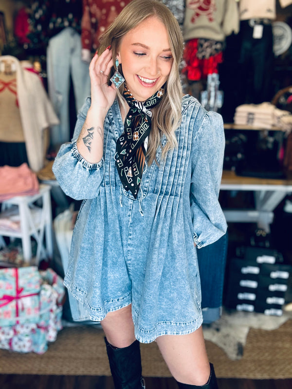 Priscilla Pleated Denim Romper