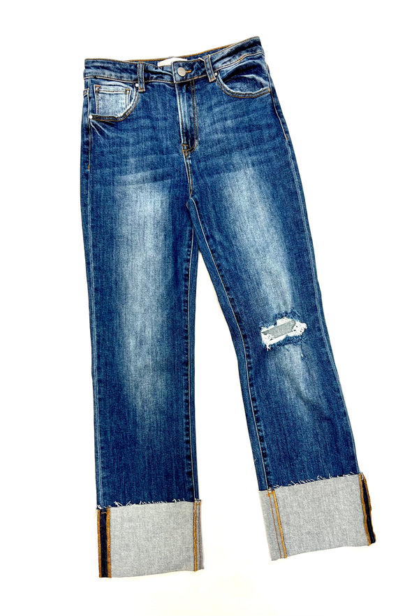 Risen- Dark Wash High Rise Wide Cuffed Straight Jeans