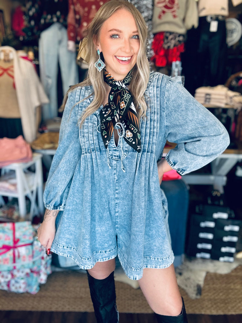 Priscilla Pleated Denim Romper