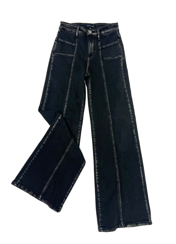 Risen- Mid Rise Wide Leg Jeans w/ Front Patch Pocket Black Denim