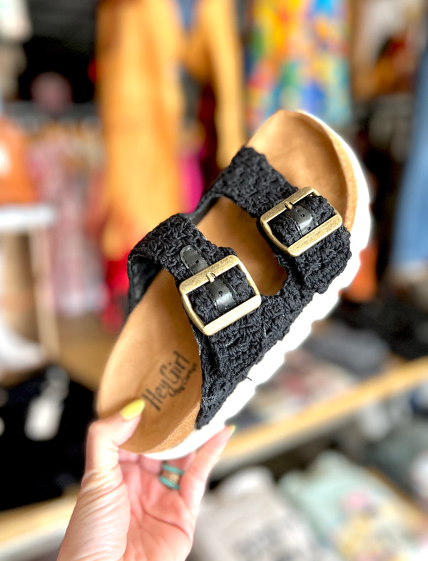 Corkys- Rumor Has It Black Macrame Sandals