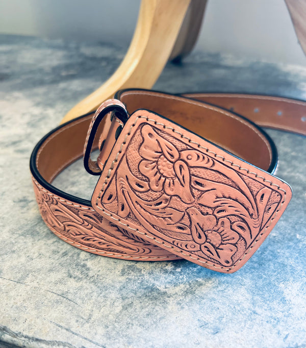 AD-Tooled Leather Belt w/Buckle- Blush Pink