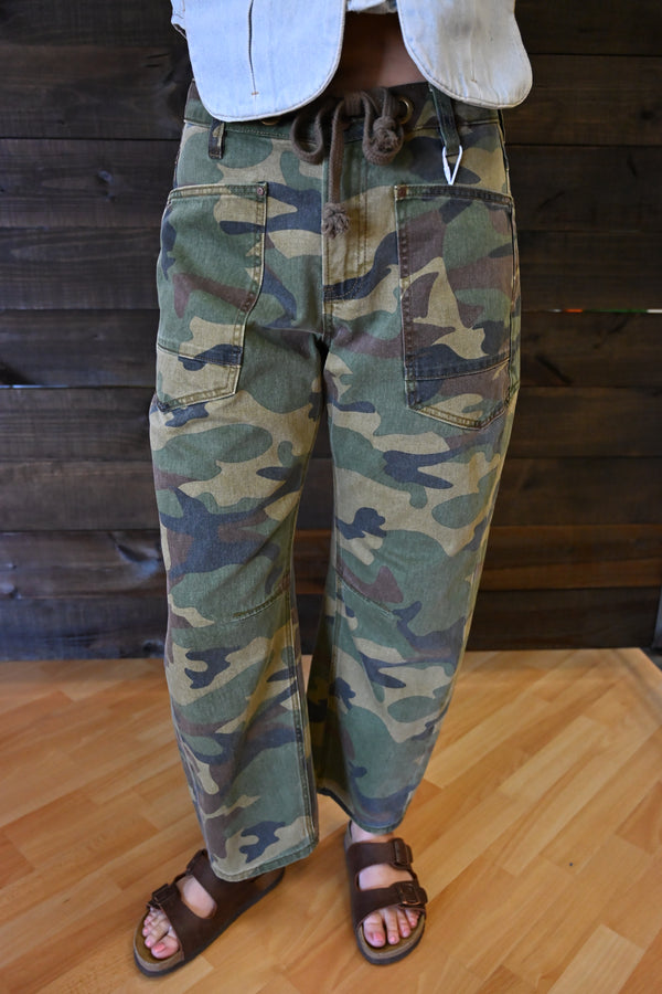 Risen Mid Rise Relaxed Barrel Camo Jeans