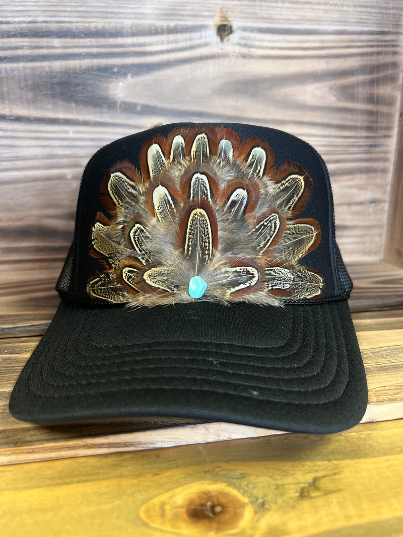 Feather Trucker Hat Western Cowgirl Black