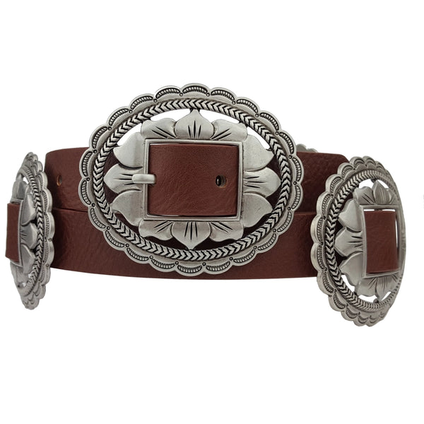 Western Oval Floral Concho Belt Brown