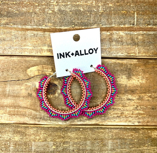 Ink + Alloy Hot Pink Crochet Hoop Bead Earrings